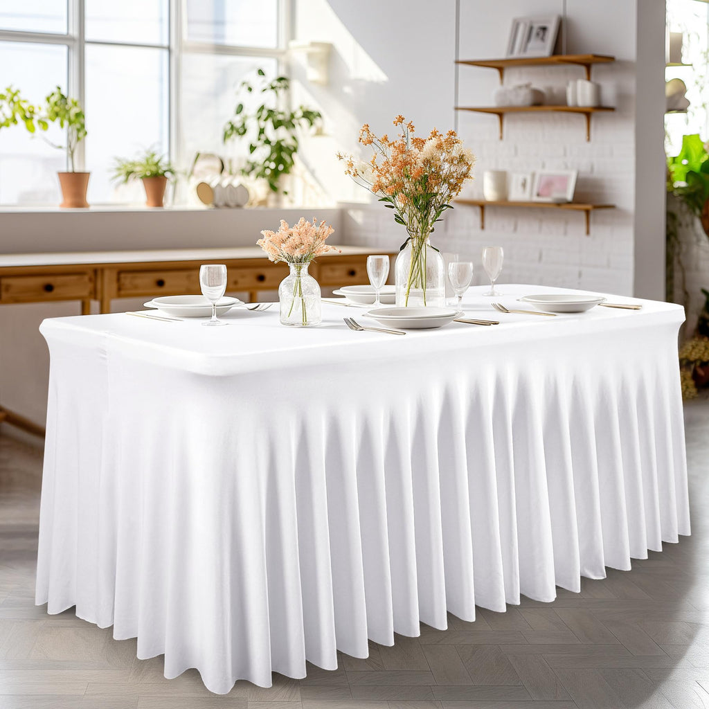 Care 12 Pack White Spandex Table Clothes for 6 Foot Rectangle Tables, 6FT Wrinkle Free Fitted Tablecloths Ruffles