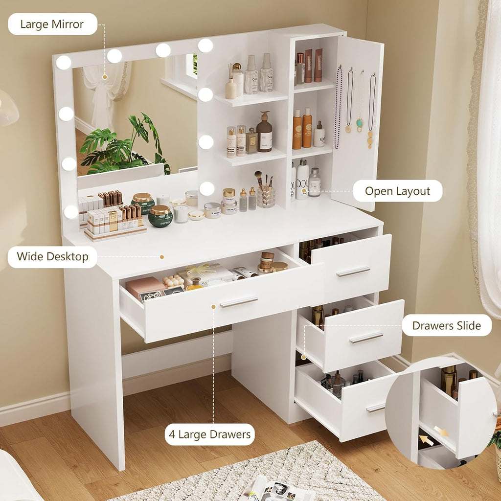 Vanity Desk with Mirror and Lights, Makeup Vanity with 4 Drawers, Cabinet & 4 Necklace Hooks, White Vanity with