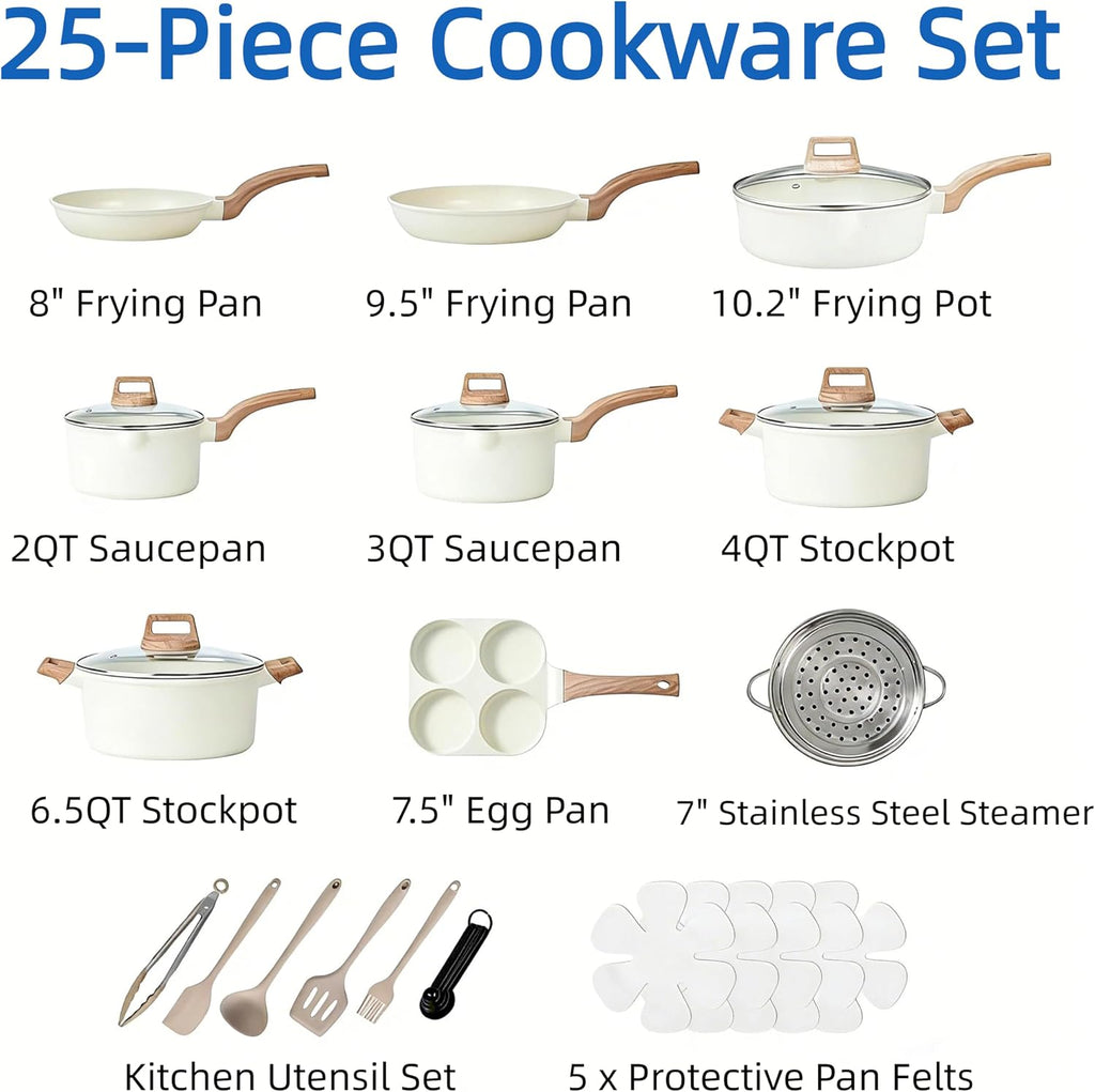 25Pcs Ceramic Cookware Set, Nonstick & Non-Toxic Healthy Pots and Pans, Heat-Resistant Handles, Induction Cookware