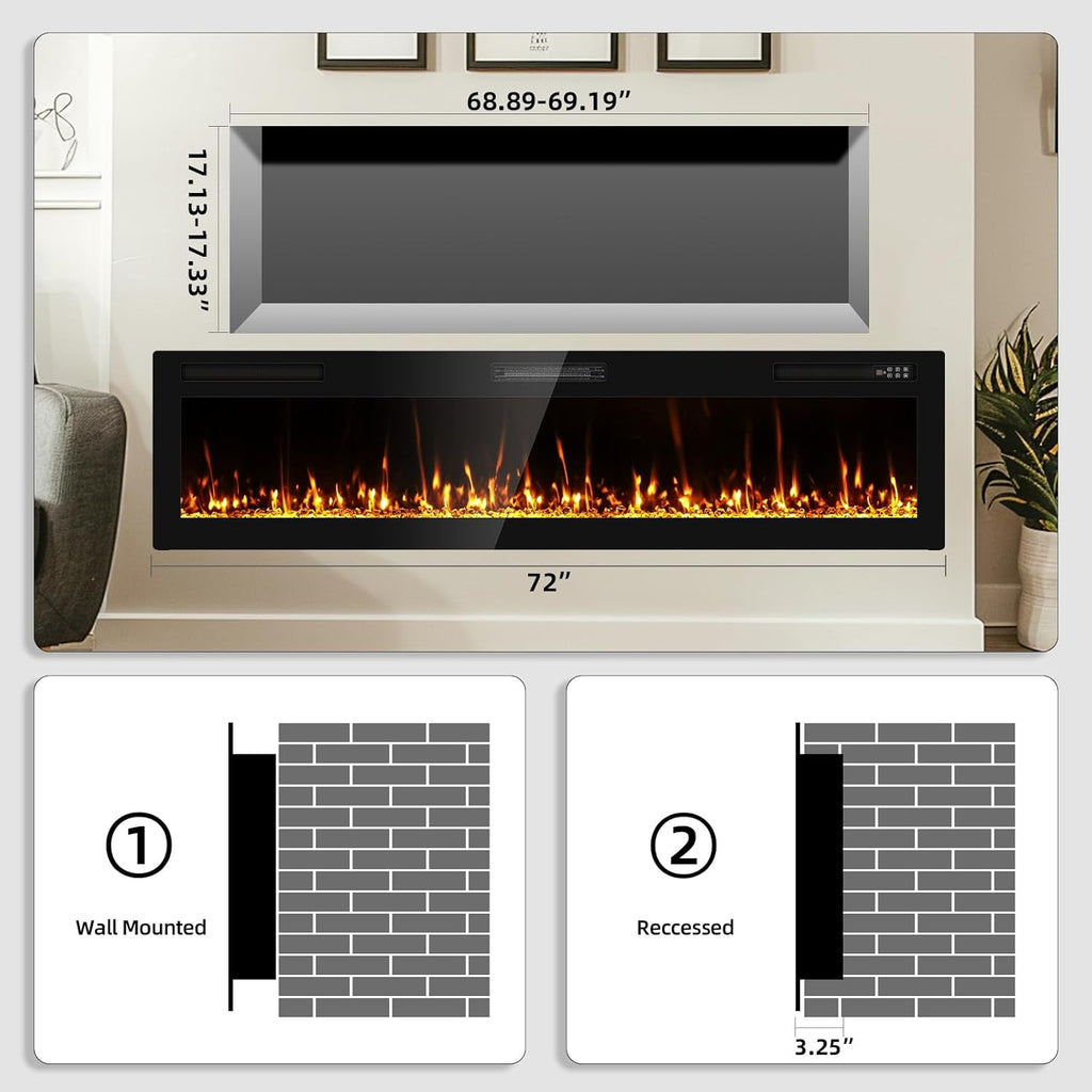 2025Upgraded 72” Recessed and Wall Mounted Electric Fireplace