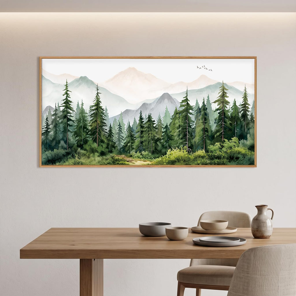 Green Forest Tree Mountain Range Framed Canvas Wall Art, Watercolor Nature Wall Decor, Woodland Nursery Wall