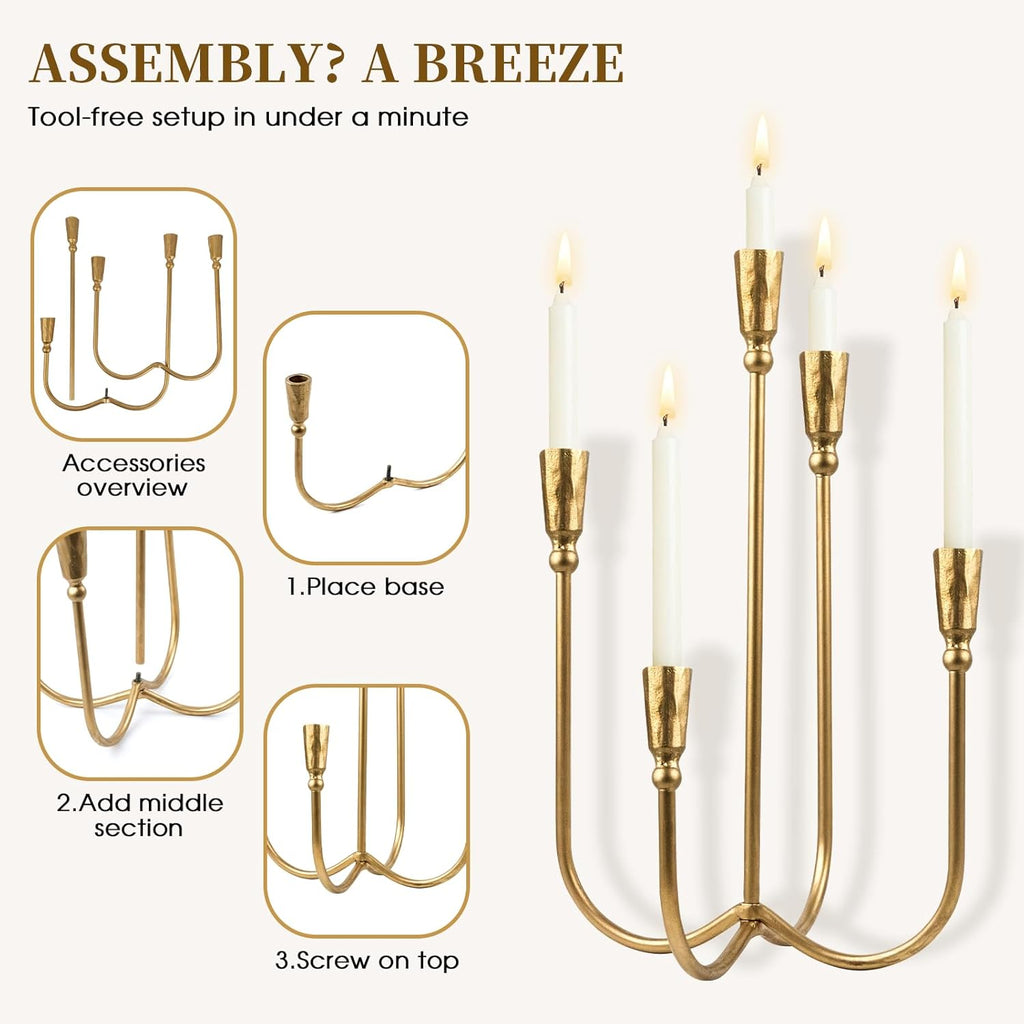 5 Arm Candelabra Cast Iron, 17.5 Inch Tall Candle Holder Antique Brass Candlestick Holder Stand for Taper Candles