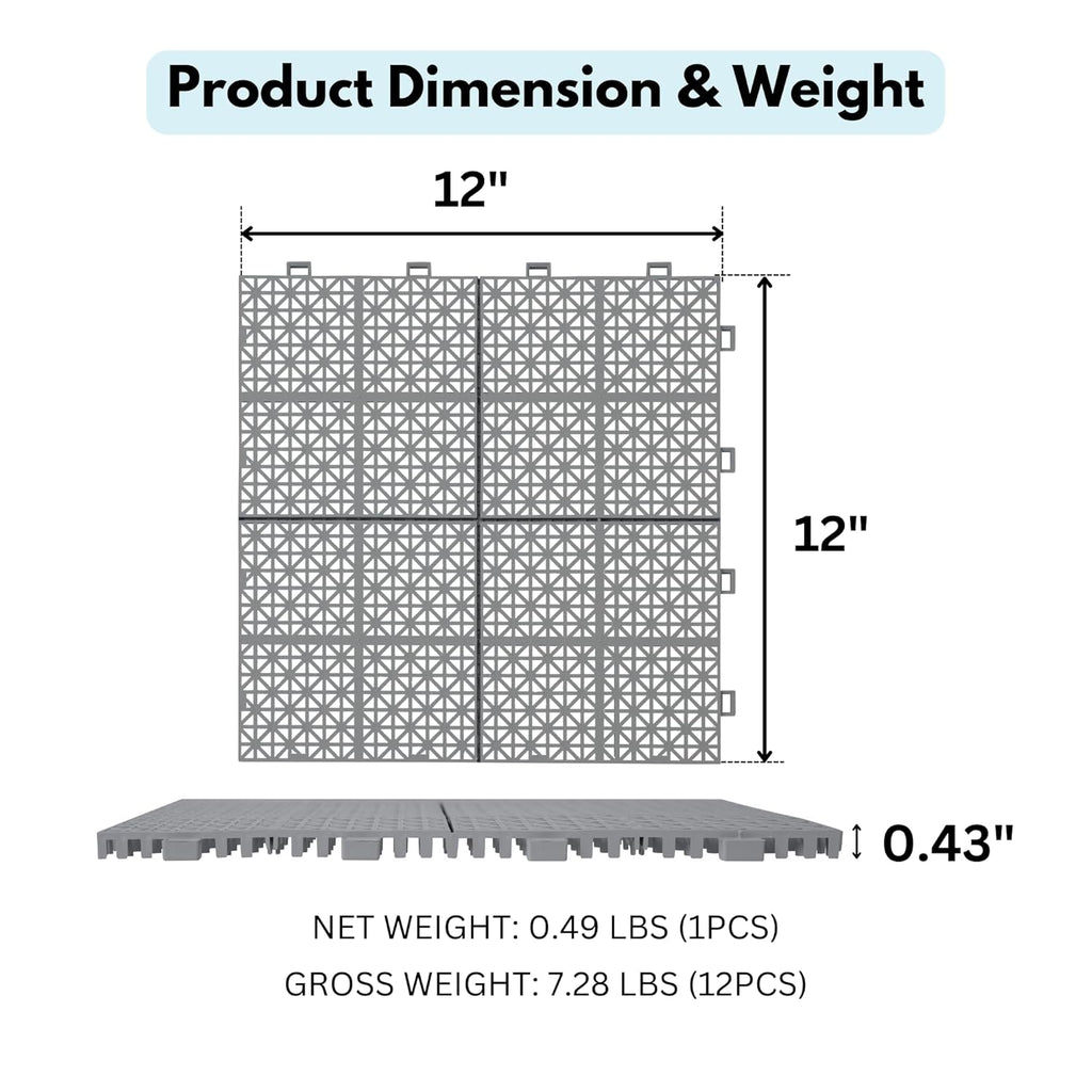 Interlocking 12 PCS Black Drainage Tiles 12 x 12 x 0.43 Inches, Outdoor Floor Tiles for Pool Shower Bathroom Deck Patio