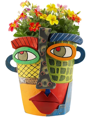 Picasso Abstract Face Flower Pot, Unique Resin Crafted Planter with Drainage Holes, Interesting Colorful Planter with