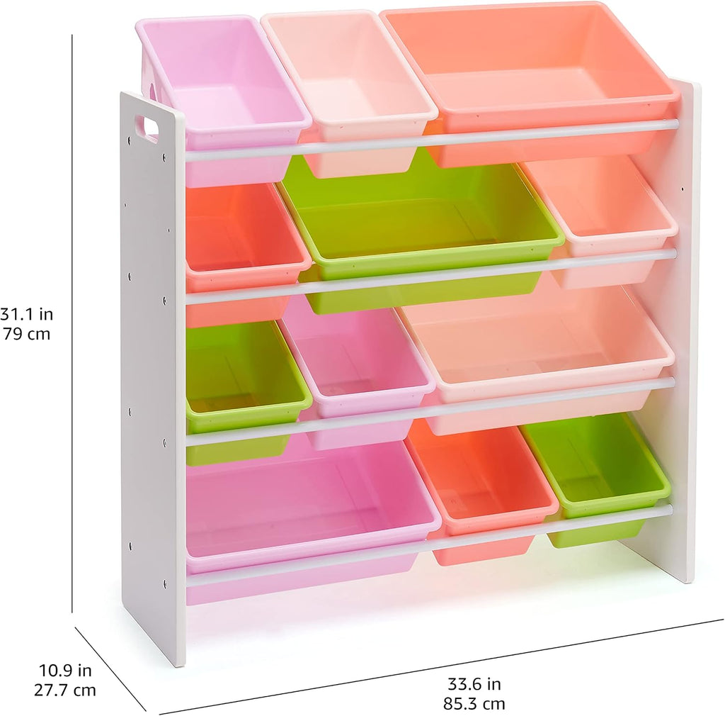 Kids Toy Storage Organizer with 12 Plastic Bins, White Wood with Pink Bins, 33.85"D x 12.79"W x 35.42"H