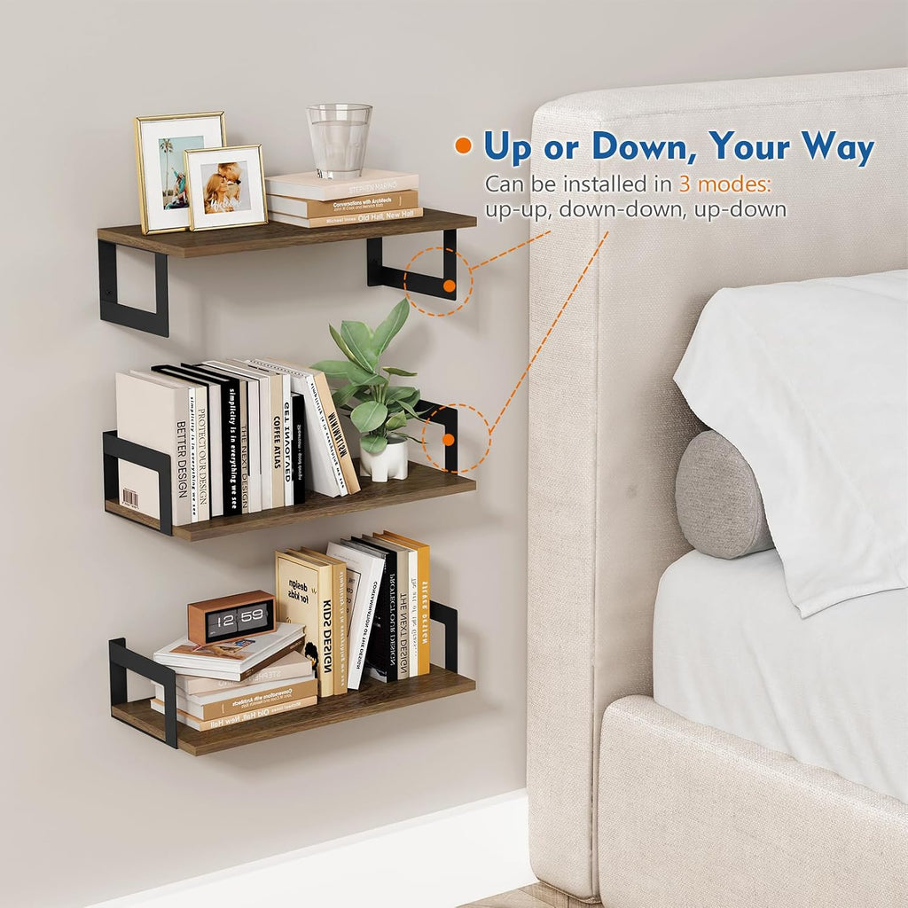 Floating Book Shelves for Wall Set of 3, 17 x 8 Inch Deep Wooden Wall Bookshelf Office, Rustic Wood Hanging Wall