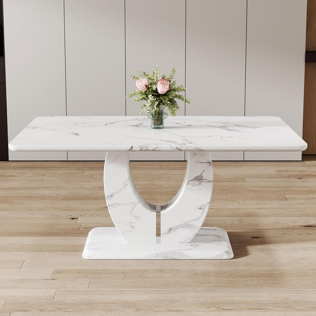 63" Faux Marble Dining Table, Modern Rectangular Kitchen Table with 1.8'' Thick MDF Tabletop, Rounded Corners, Stable