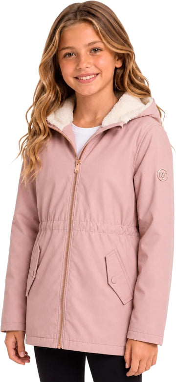 Girls Rain Jacket - Sherpa Lined Hood, Warm Waterproof Coat