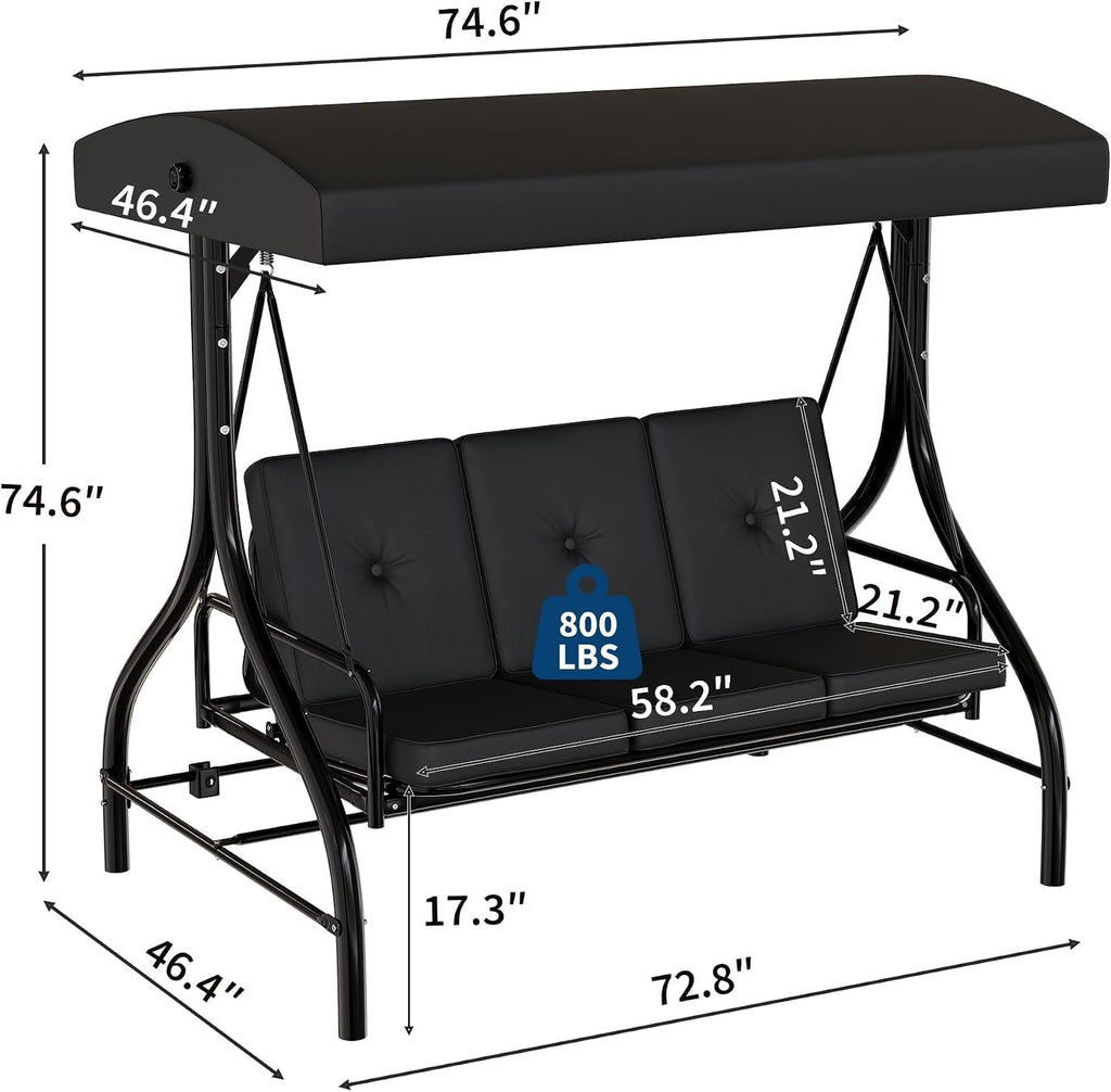 Porch Swing with Stand, 3 Seat Outdoor Patio Swing, 2-in-1 Convertible Swing Bed, Stepless Adjustable UV Resistant