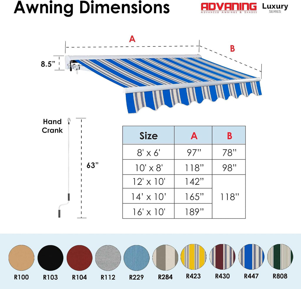 MA1210-A447H2 Luxury Series, Premium Quality Manual Retractable Patio Awning, 100% Solution Dyed European Acrylic