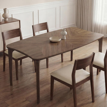 Modern Curved Edge Dining Table, 63" Solid Wood Kitchen Table with Herringbone Pattern Mid-Century Rectangular Dinner