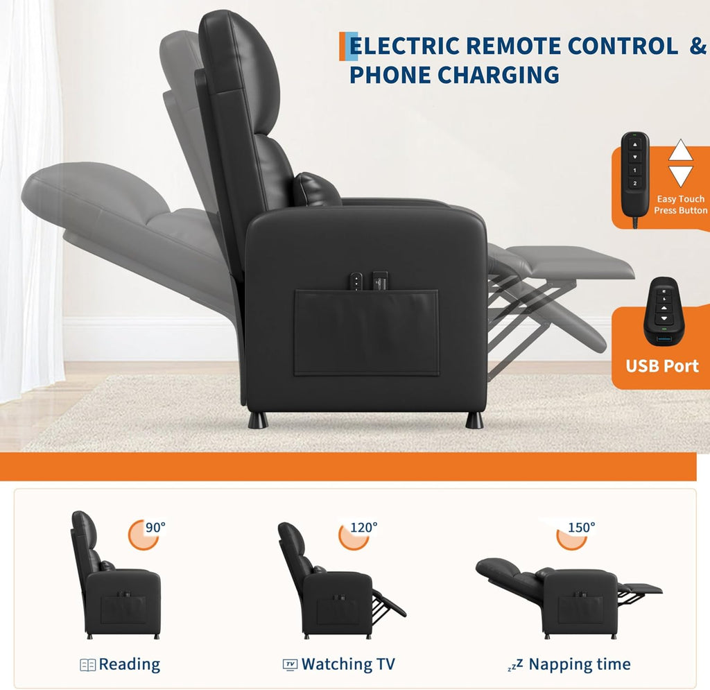 Power Recliner Chair, Adjustable Electric Recliner Ergonomic Overstuffed PU Leather Single Sofa, Tall Back, Padded