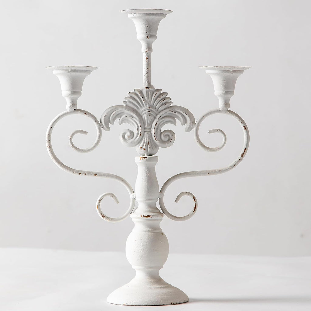 Pillar Candle Stand 3 Arm Candelabra Iron White Candle Holders Centerpiece, Rustic Classy Candlestick Holder 15 Inch