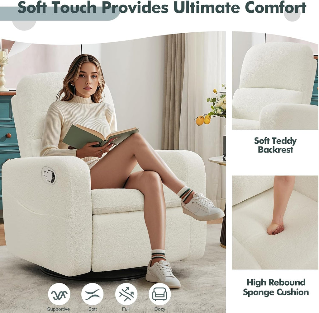 Swivel Rocker Recliner, Oversized Boucle Glider Recliner Nursery, Teddy Manual Swivel Rocking Reclining Chairs with