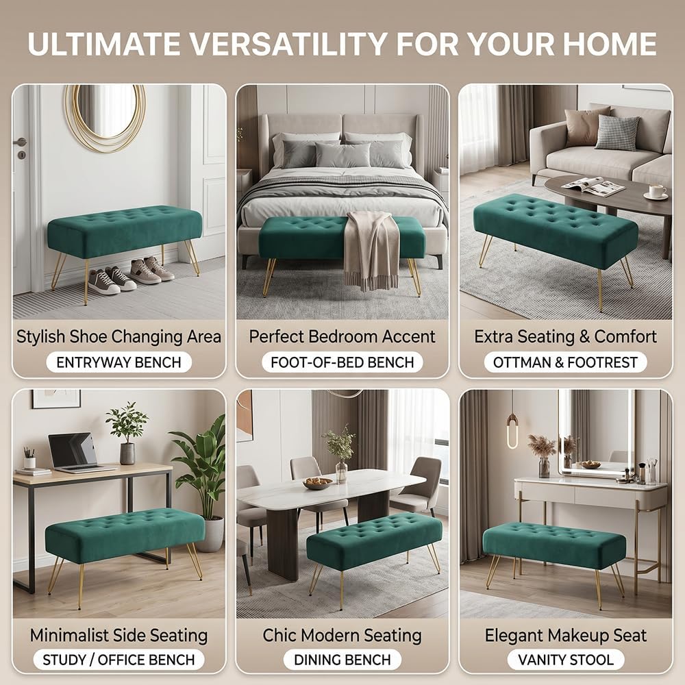 Velvet Button-Tufted Entryway Bench, 39.37" Modern Upholstered Bedroom Bench with Gold Metal Legs, Padded Rectangular