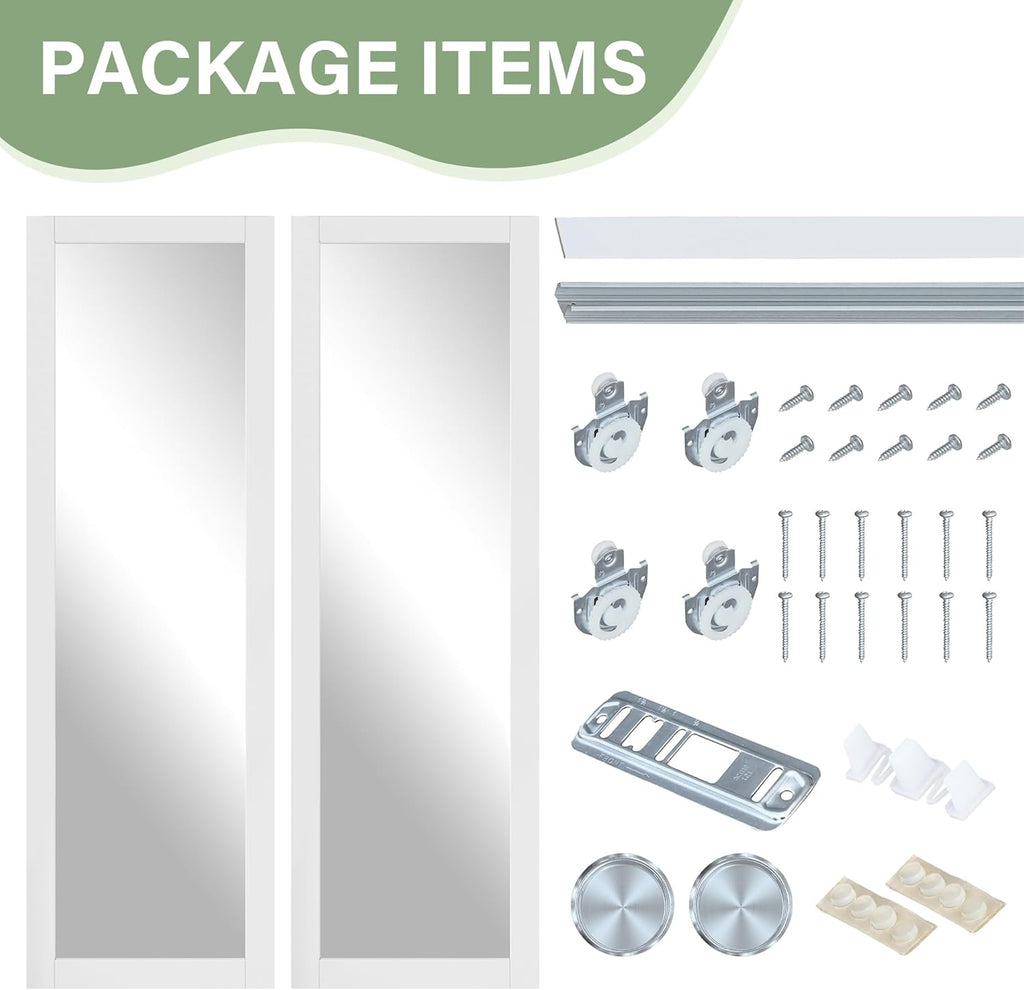 Sliding Closet Door 60" x 80", One-Side Mirror Bypass Door Panel with Hardware Track Kit & Floor Gui