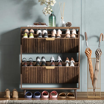 Shoe Cabinet Storage, Modern Freestanding Organizer with 2 Flip Drawers, Narrow Shoe Rack , Walnut