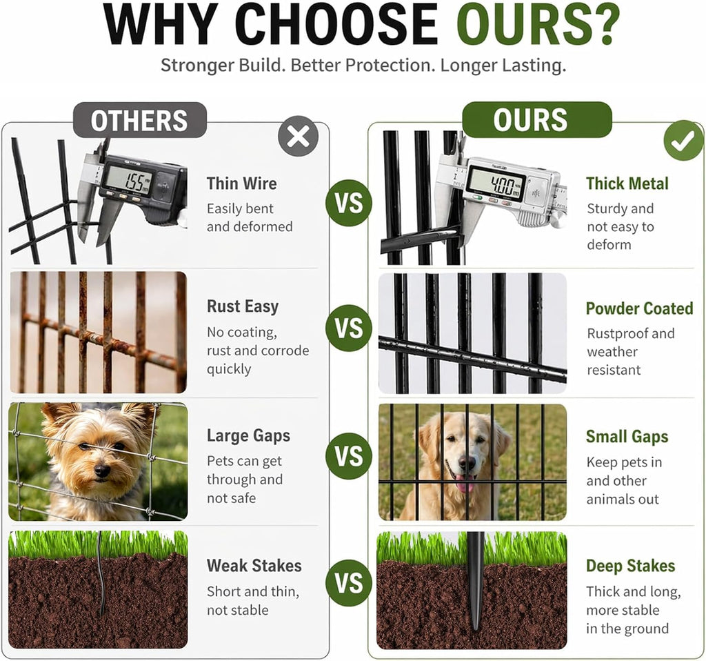 10 Panels No Dig Tall Garden Fence with Gate - 48" H X 26.25' L Rustproof Metal Dog Fence Outdoor for Yard