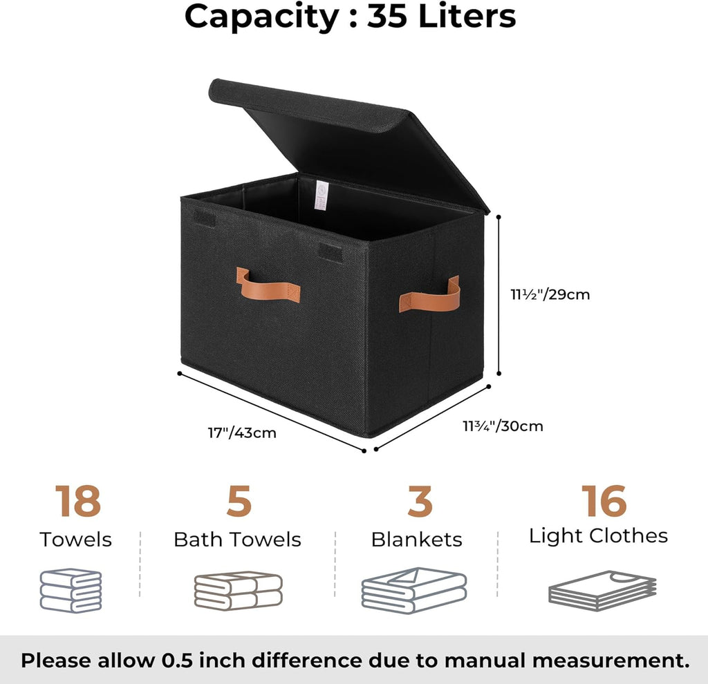 Black Storage Bins with Lids, Decorative Storage Boxes with PU Handles, Linen Closet Organizer, Storage Baskets for