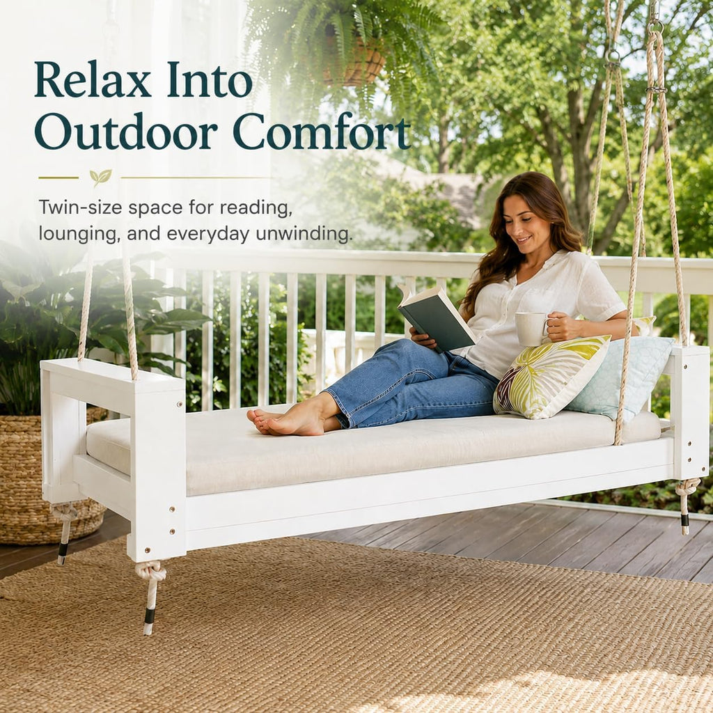 Twin Size Porch Swing Bed, Acacia Wood Outdoor Hanging Daybed Swing with 4 Hemp Ropes and Rope Clips, Wooden Patio