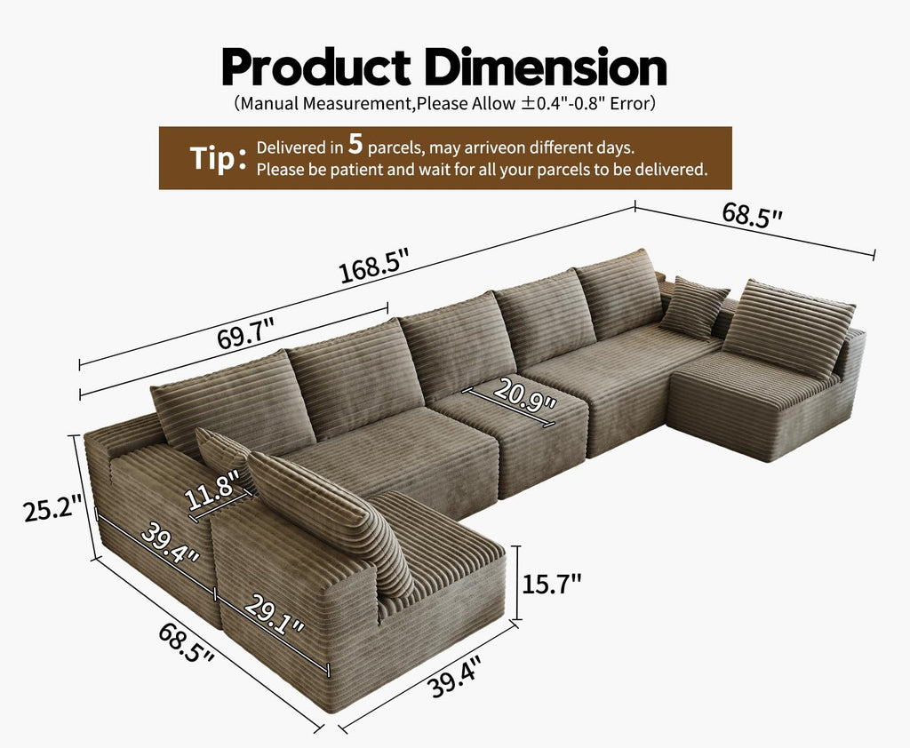 168.5" Modular Sectional Sofa, Oversized U-Shaped Minimalist Couches with 3 Middle Seats Chaise, Modern Deep Seat