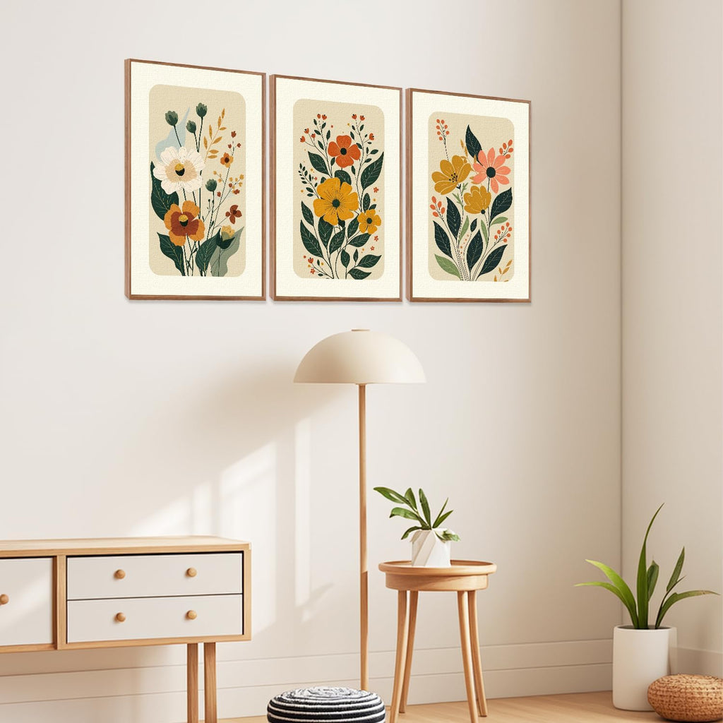 Boho Floral Botanical Framed Canvas Wall Art Set,Abstract Vintage Beige Wall Decor,Minimalist Wildflowers Artwork