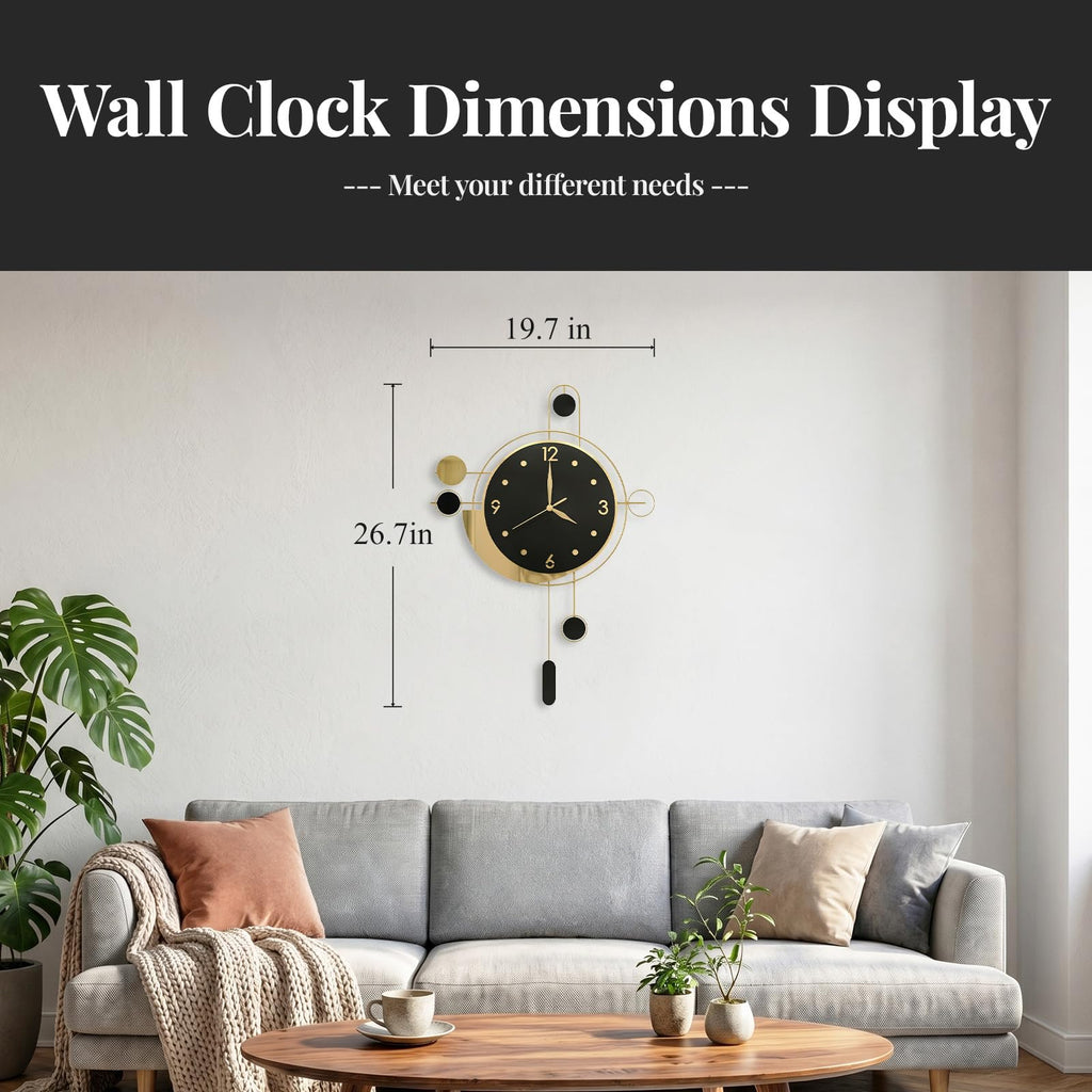Modern Wall Clock Black Gold with Pendulum, Decorative Metal Clock