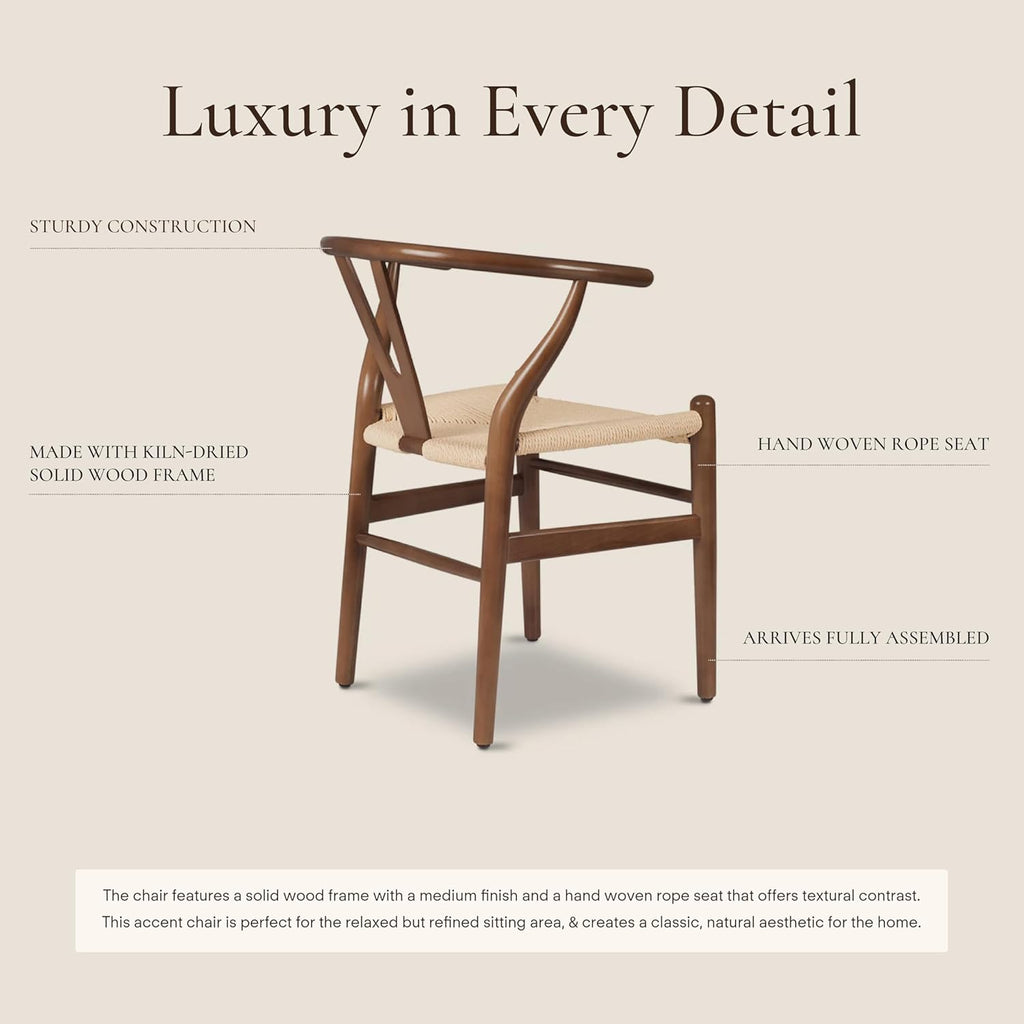 Weave Dining Chairs - Mid-Century Modern Wishbone Dining Chairs with Arms, Solid Wood Frame, Indoor Use - Walnut- Set