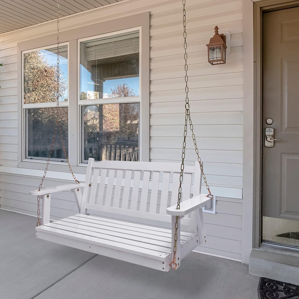 2 Person Porch Swing, Wooden Outdoor Swing Bench with Chains, Finished Hanging Bench for Garden, Courtyard, Lawn &