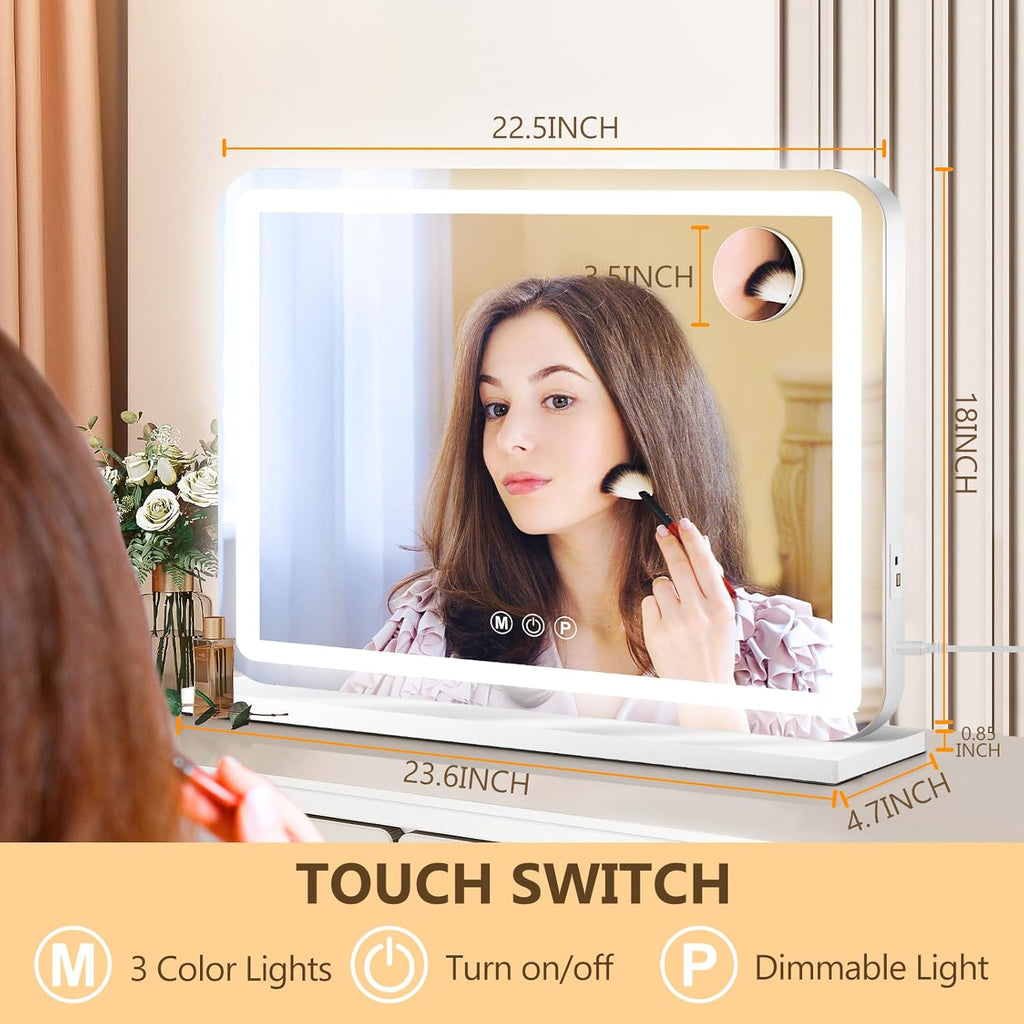 23" x 18" Vanity Mirror with Lights, Led Lighted Makeup Mirror with 3 Color Dimmable Lights, Touch Control, USB