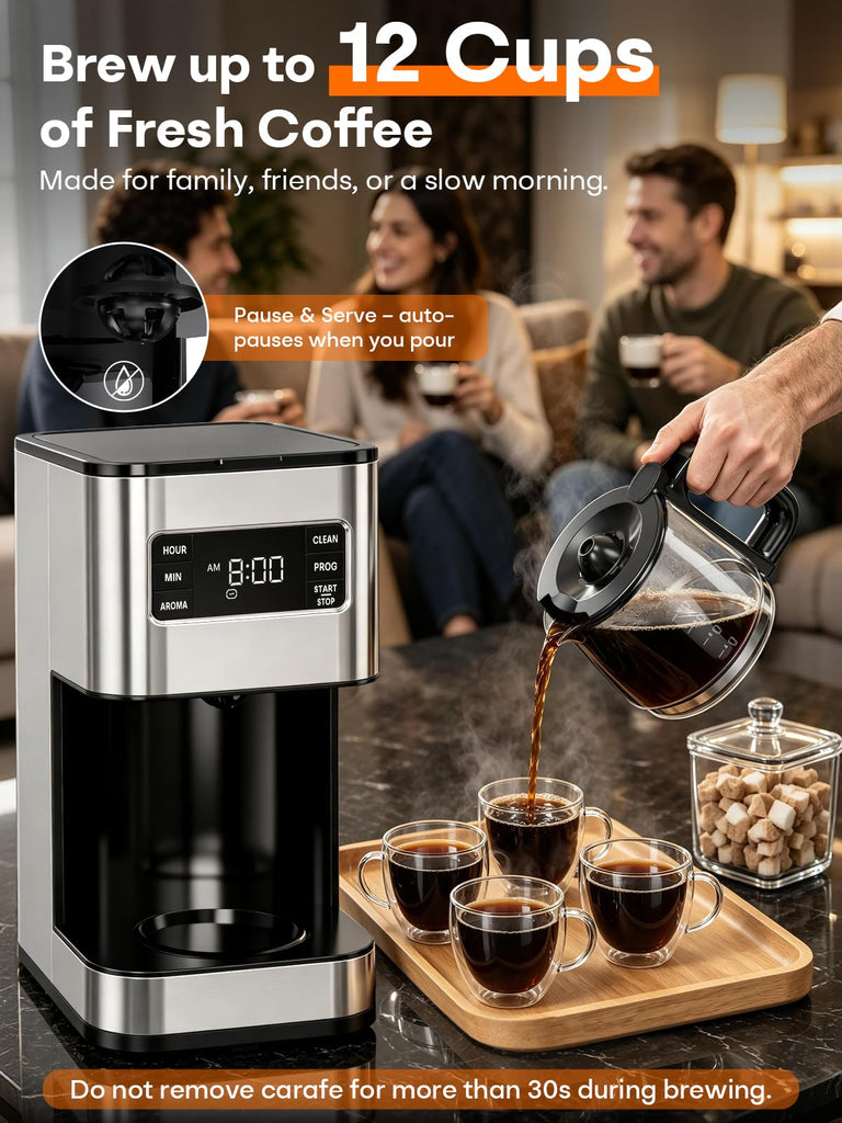 12 Cup Drip Coffee Maker Programmable, Regular & Strong, LED Display