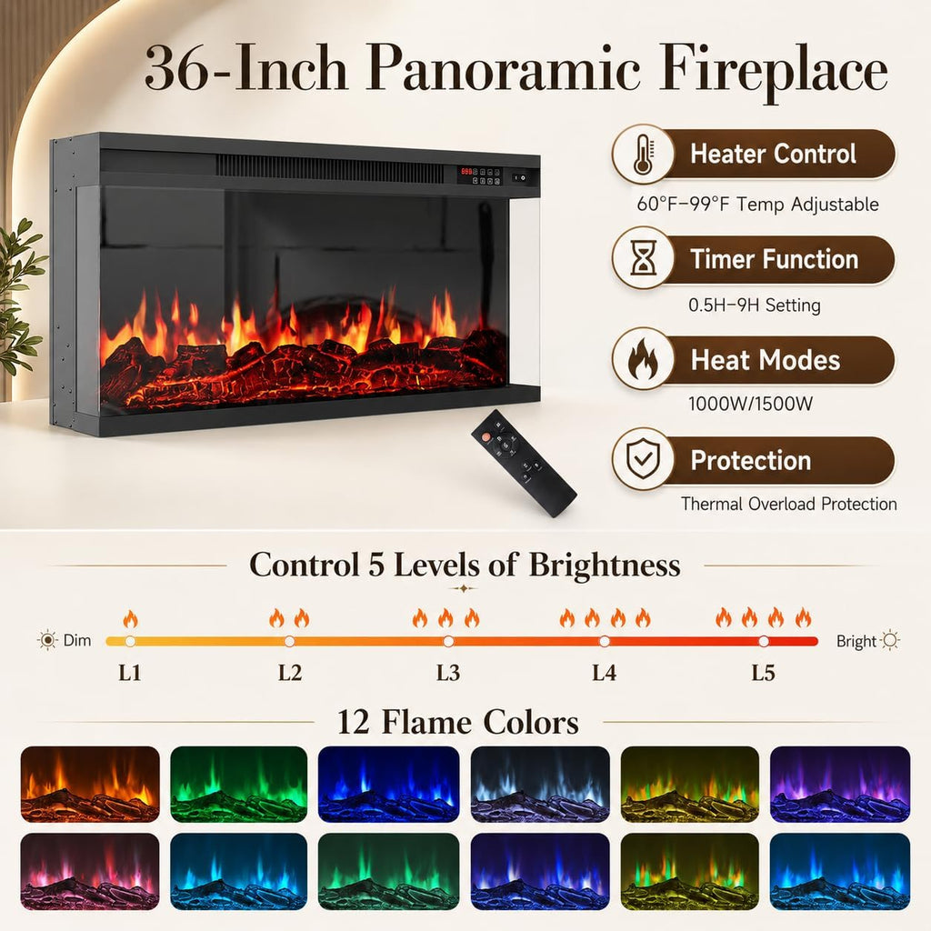 63 inch Fireplace TV Stand for TVs up to 70" with 3-Sided Electric Fireplace with Mantel, Modern Media Entertainment