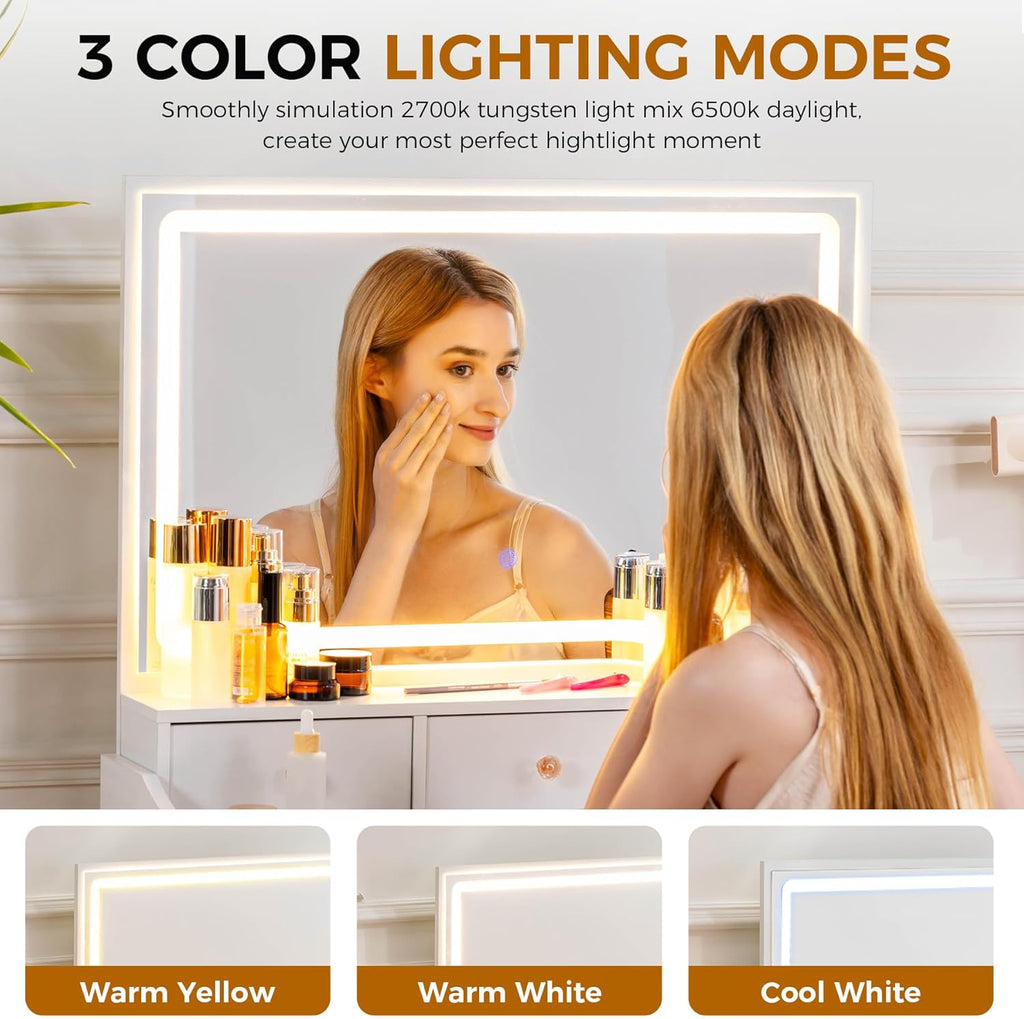 Makeup Vanity Desk with Mirror and Lights, Vanity Table and Chair Set with 5 Drawers & Charging Station, Bedroom