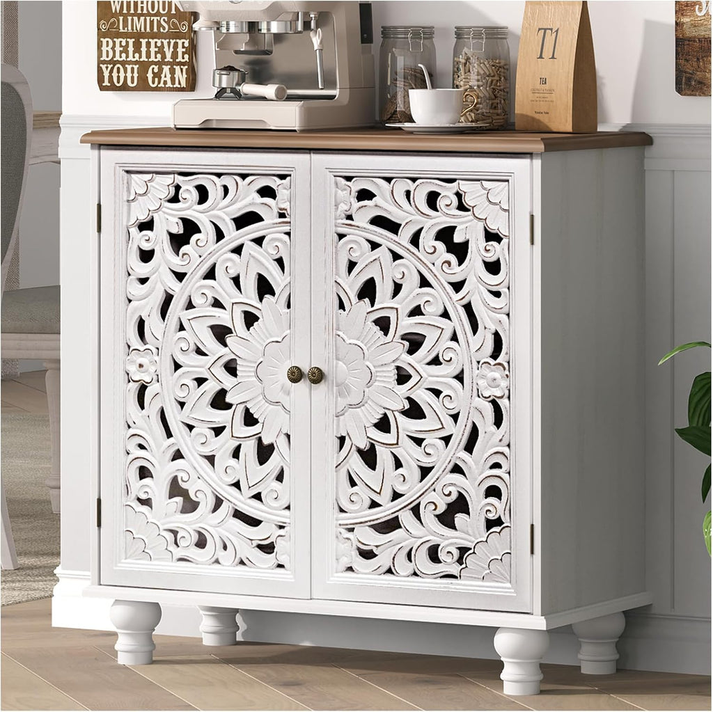 31" Accent Storage Cabinet with Carved Doors,Mandala White | Carved Floral Design, Solid Wood Legs, Boho/Farmhouse