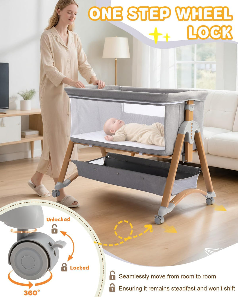 Baby Bassinet Bedside Bassinet, Baby Cradle with Machine-Washable Sheets, Four-Sided Breathable Mesh, 6 Height