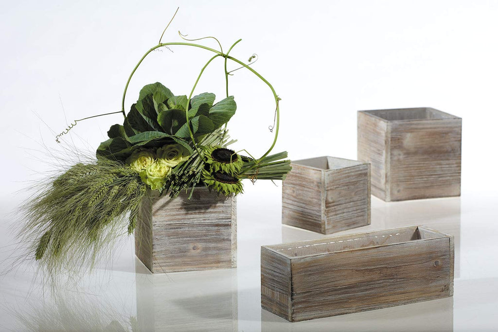 Wood Planter Box Set, Rustic Whitewash, Plastic Liners, 5 Inch Square Flower Holder, Natural Barn Wood Decor, Country