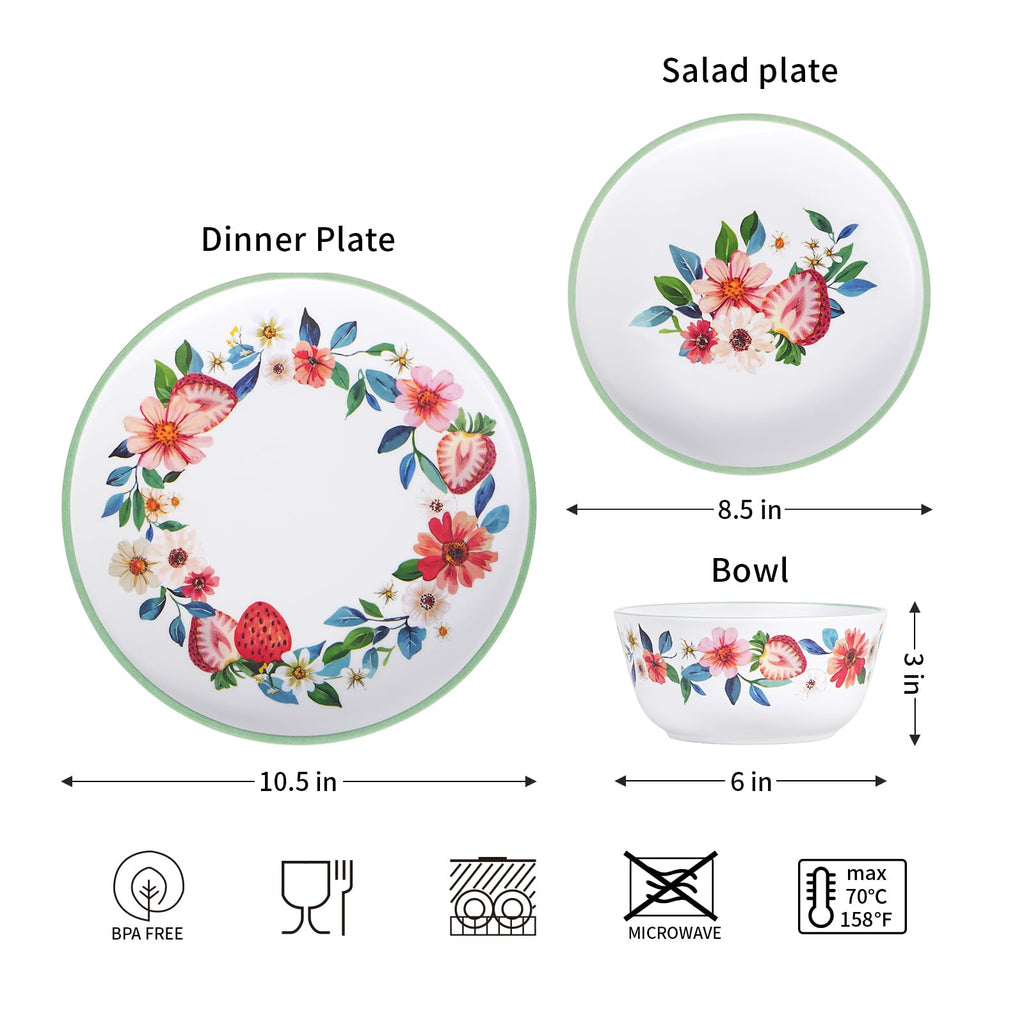12-Piece Strawberry Melamine Dinnerware Set for 4, Floral Pattern