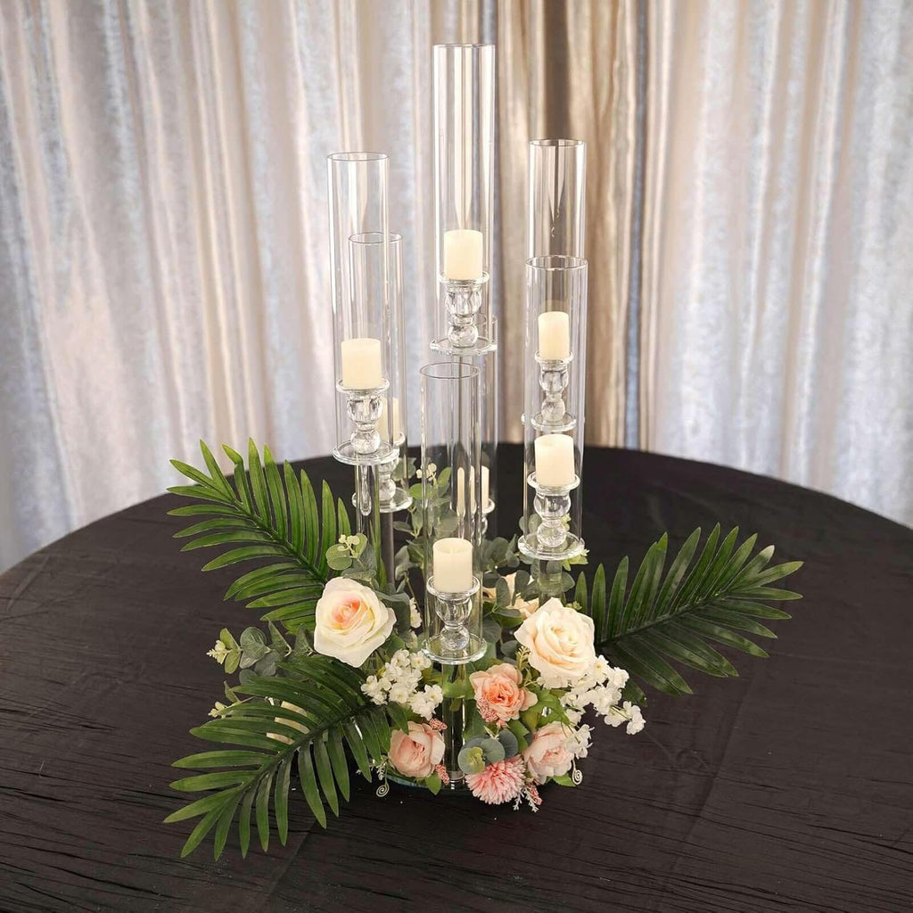 33" Tall - 7 Arms Clear Crystal Cluster Round Candelabra, Pillar Candle Holders with Mirror Base - Perfect