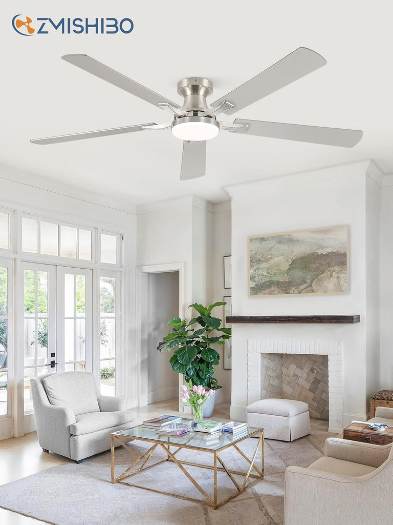 60 Inch Ceiling Fan with Light, App&Remote Control, Flush Mount Low Profile, Dimmable 20W LED Light, Quiet Reversible Motor for Bedroom, Living Room, Apartment, Nickel