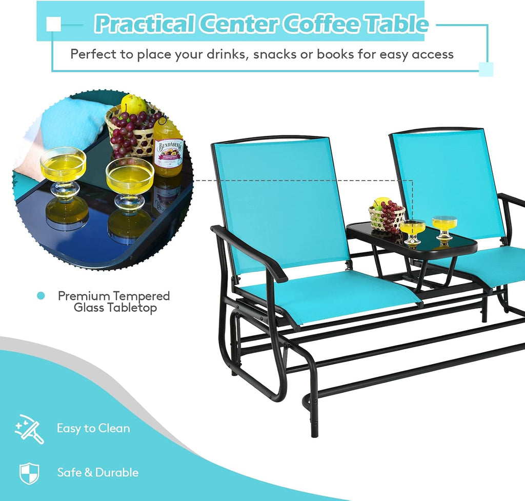 2 Person Outdoor Glider Bench w/Tempered Glass Table, Swing Patio Glider Chair with Steel Frame & Breathable Seat