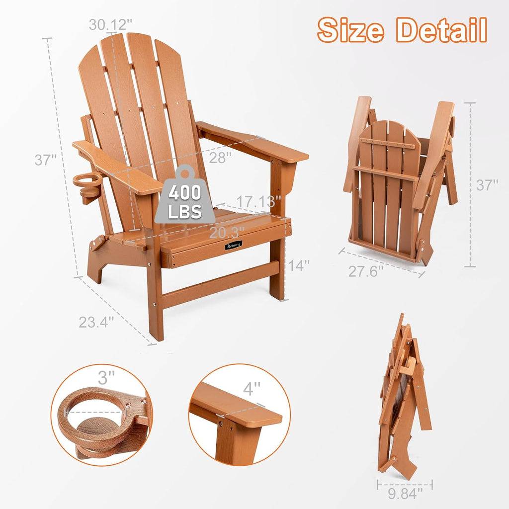 Folding Adirondack Chair, Stable Fire Pit Chairs with Cupholder | Wood-Grain, Stable Gun-Leg, HDPE All Weather, No