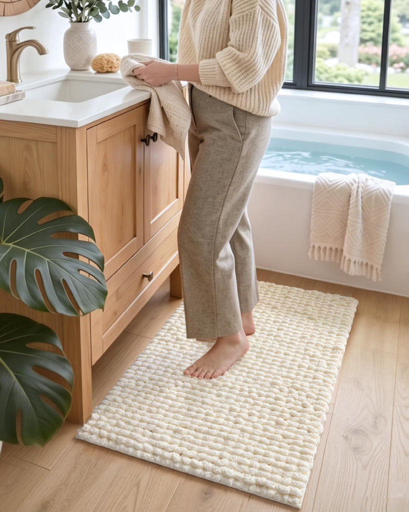 Bathroom Rugs 30x17, Non Slip Washable Chinelle Bath Mat, Cream | Luxury Soft and Thick Bath Rugs, Super Absorbent