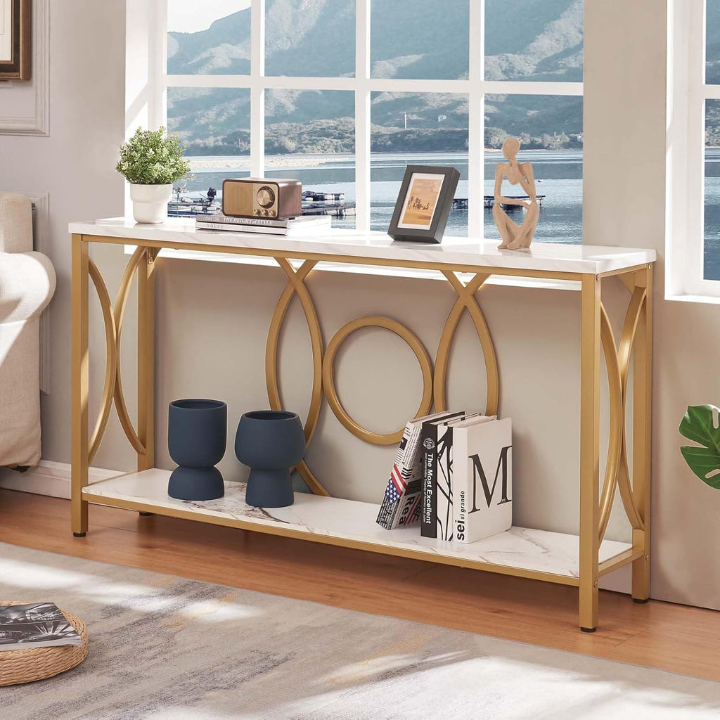 Sofa Console Table, Modern Gold Console Table with Faux Marbled Tabletop, Engineered Wood Entryway Tables with 2 Tier