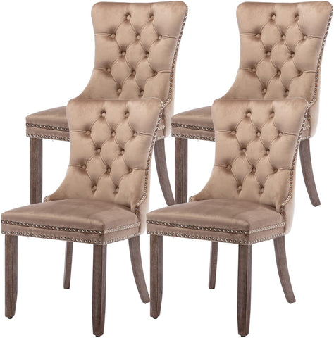 Velvet Dining Chairs Set of 4, Tufted Upholstered Chairs with Nailhead Back and Ring Pull, Solid Wood Legs, Khaki