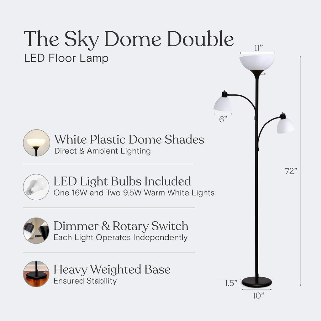 Sky Dome Double LED Floor Lamp, Torchiere Super Bright Floor Lamp with 2 Reading Lamps & Offices