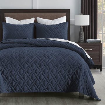 Quilt Set Navy Blue, Classic Geometric Diamond Stitched Pattern, Ultra Soft Microfiber Lightweight Bedding