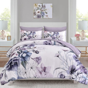 Floral Comforter Set Queen 7 Piece, Purple Flower Bed in a Bag, Elegant Floral Comforter with Sheet Set