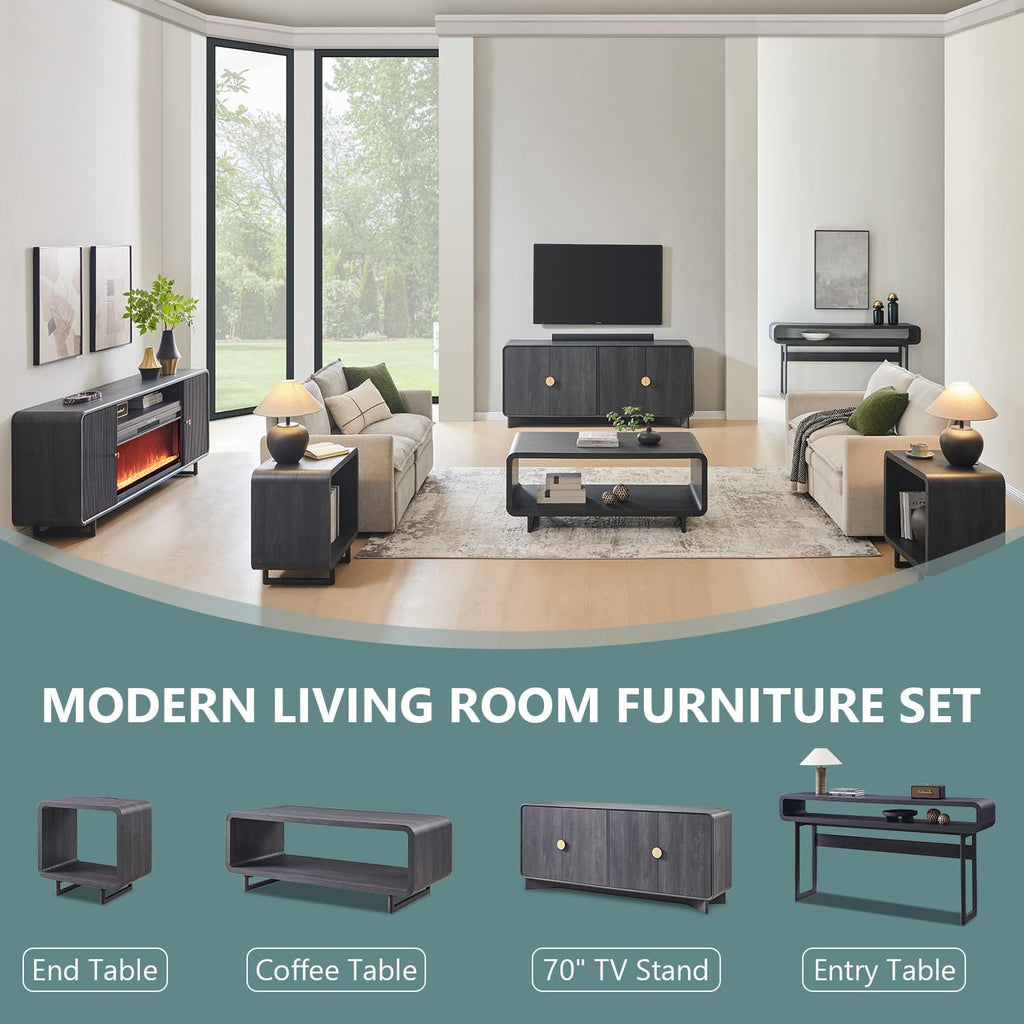 48" Modern Coffee Table, 2-Tier Minimalist Center Table with Storage Shelf, Curved Profile Design