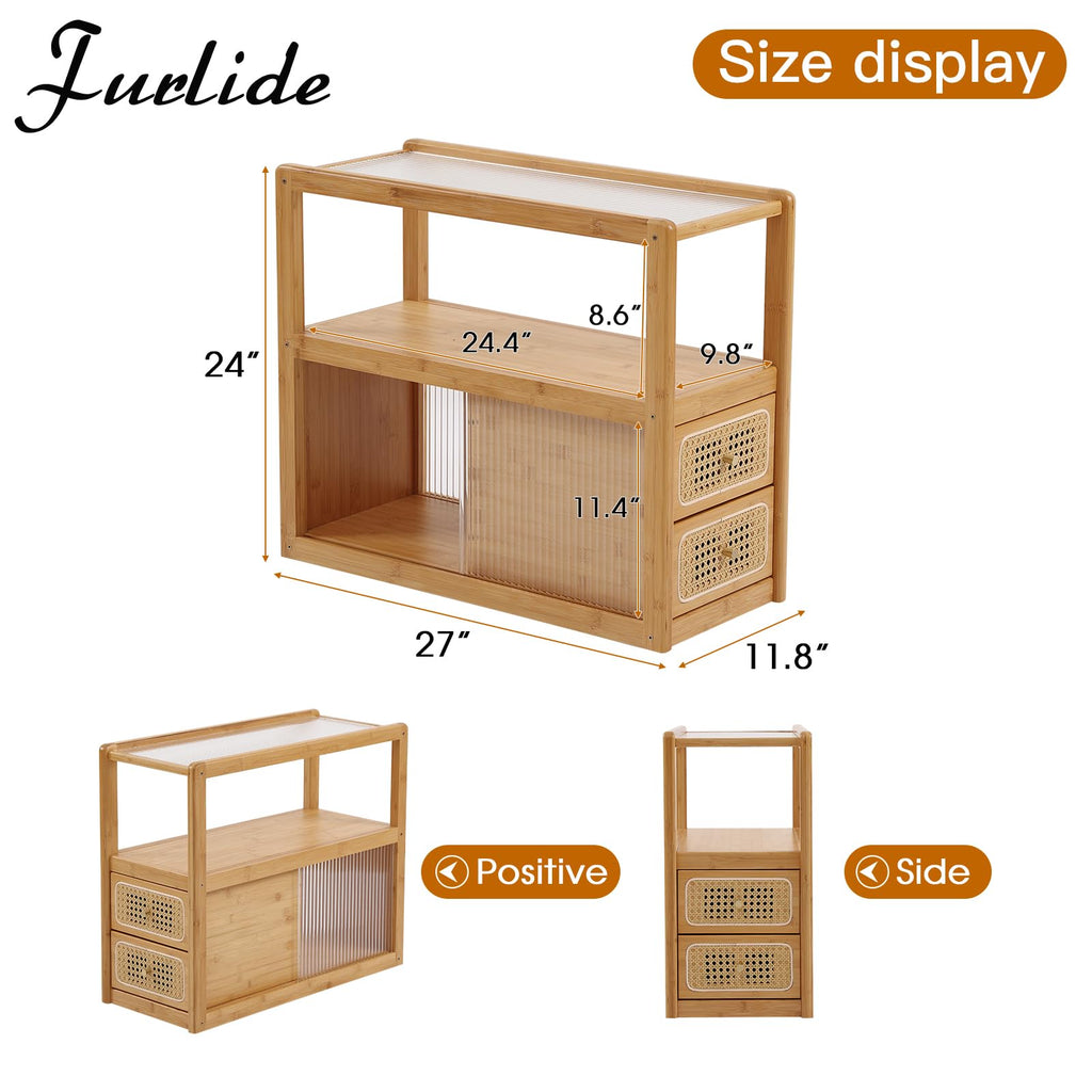 Rattan Nightstand Side Table with Storage, Bamboo Nightstand Bedside Table, Glass Mid Century Modern End Tables for
