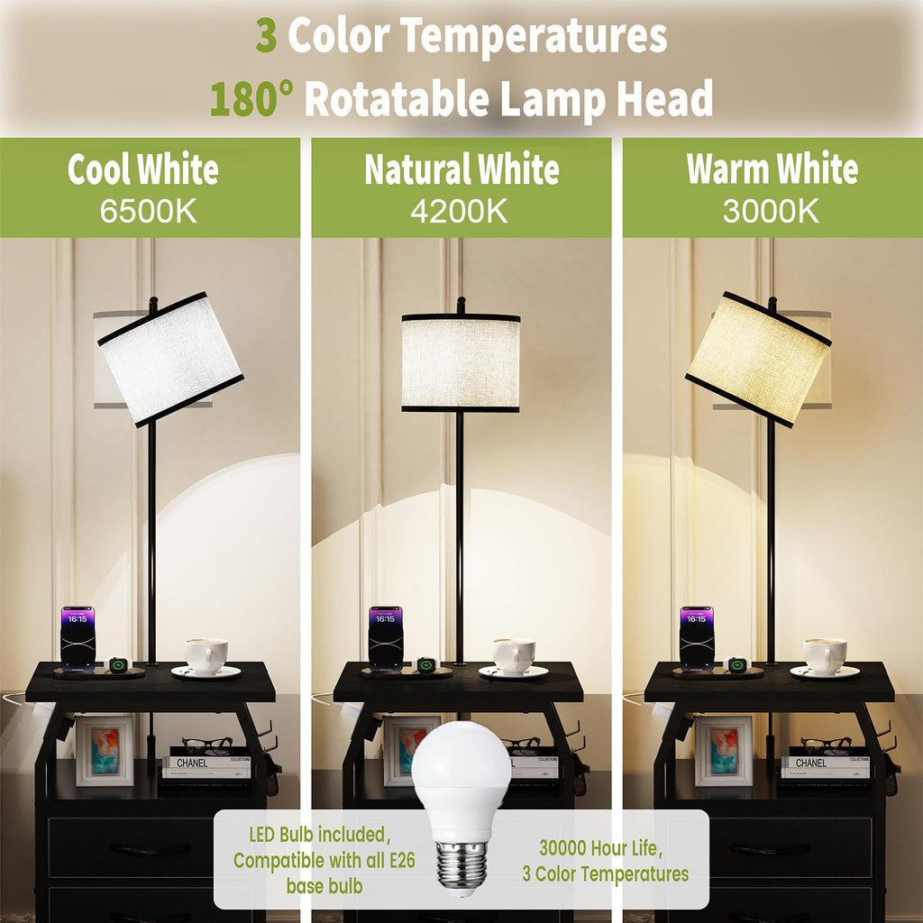 Floor Lamp with Table Set 2, End Table with Light & Charging, Black